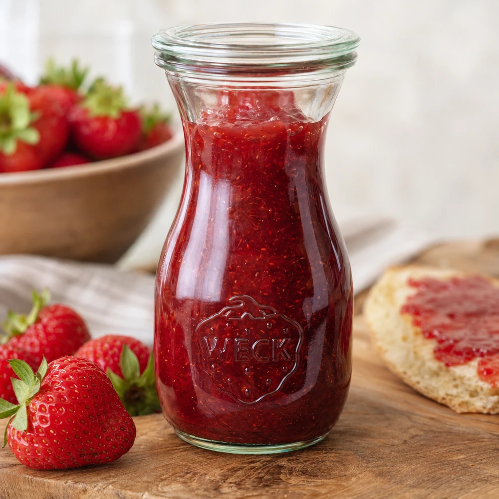 WECK Bouteille de jus 290ml RR60 remplie de confiture de fraises rouges à côté de fraises fraîches et de pain sur une planche en bois