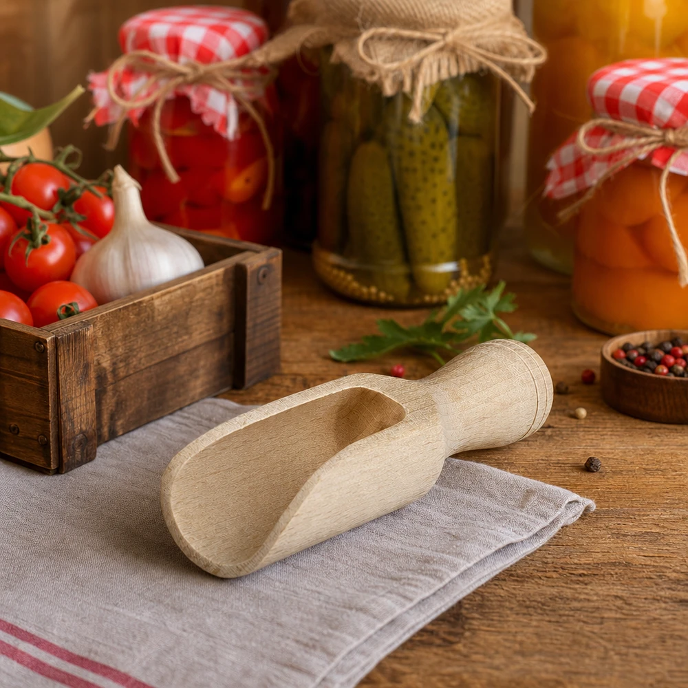 Petite pelle en bois de hêtre 7,5cm dans une cuisine rustique avec des légumes marinés et des tomates fraîches Ambiance Lifestyle