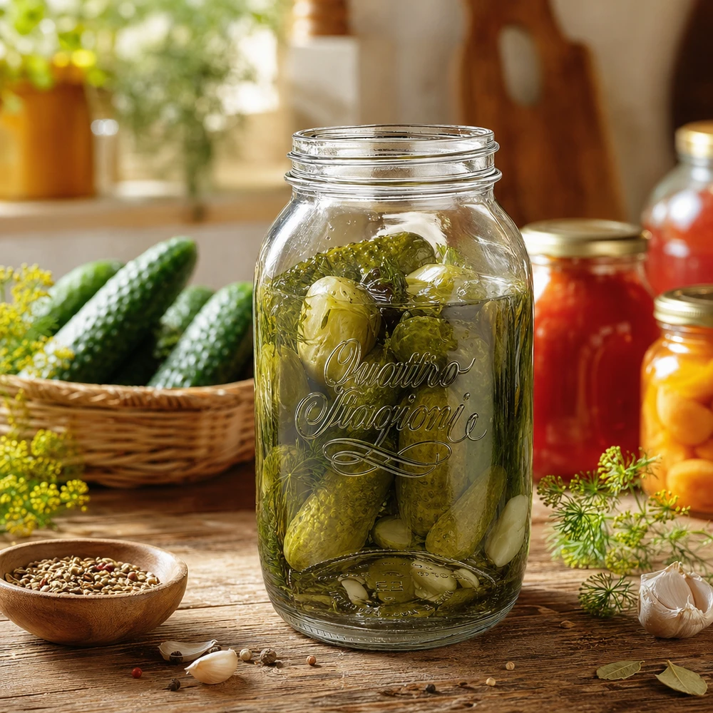 1500ml Quattro Stagioni Bocal ménager rempli de cornichons marinés sur une table en bois avec des ingrédients frais