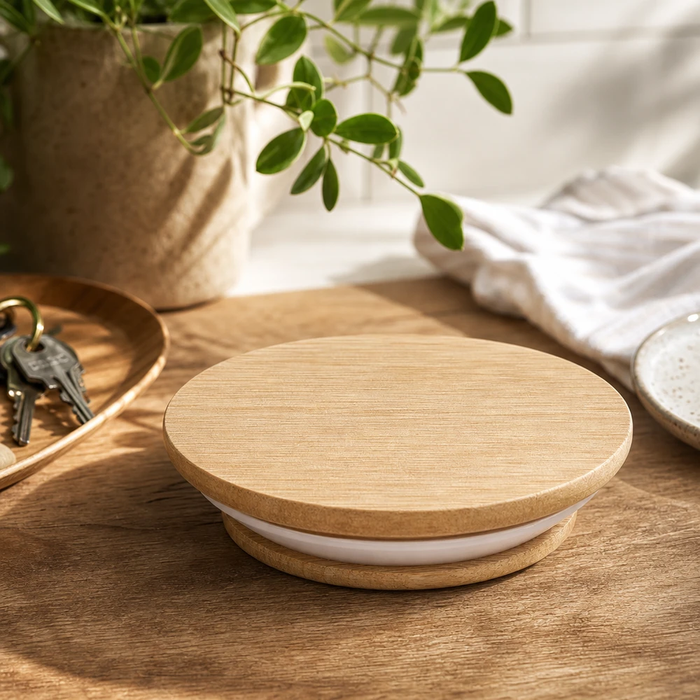 Couvercle en bois WECK RR40 Chêne sur table en bois Lifestyle Ambiance avec plante et décoration Habitat naturel Accessoires de cuisine