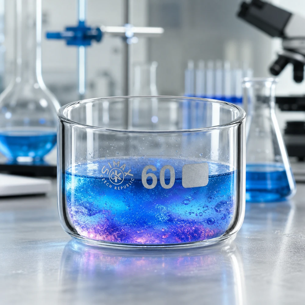 Coupelle de cristallisation de 60 mm de diamètre, d'une contenance de 60 ml, contenant un liquide réactif bleu-violet, posée sur une paillasse de laboratoire