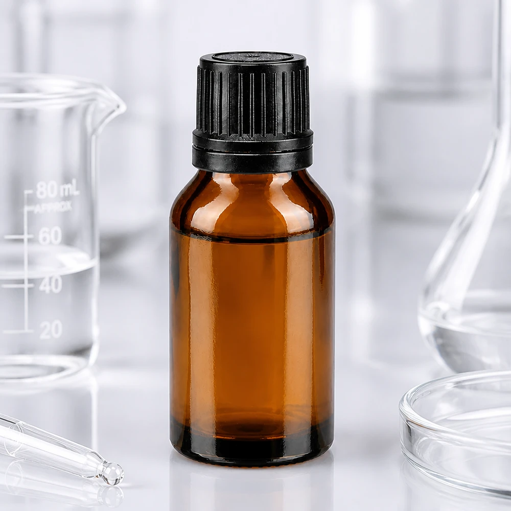 Flacon de pharmacie de 15 ml en verre brun avec bouchon compte-gouttes noir et orifice de précision de 1 mm, fabriqué en laboratoire