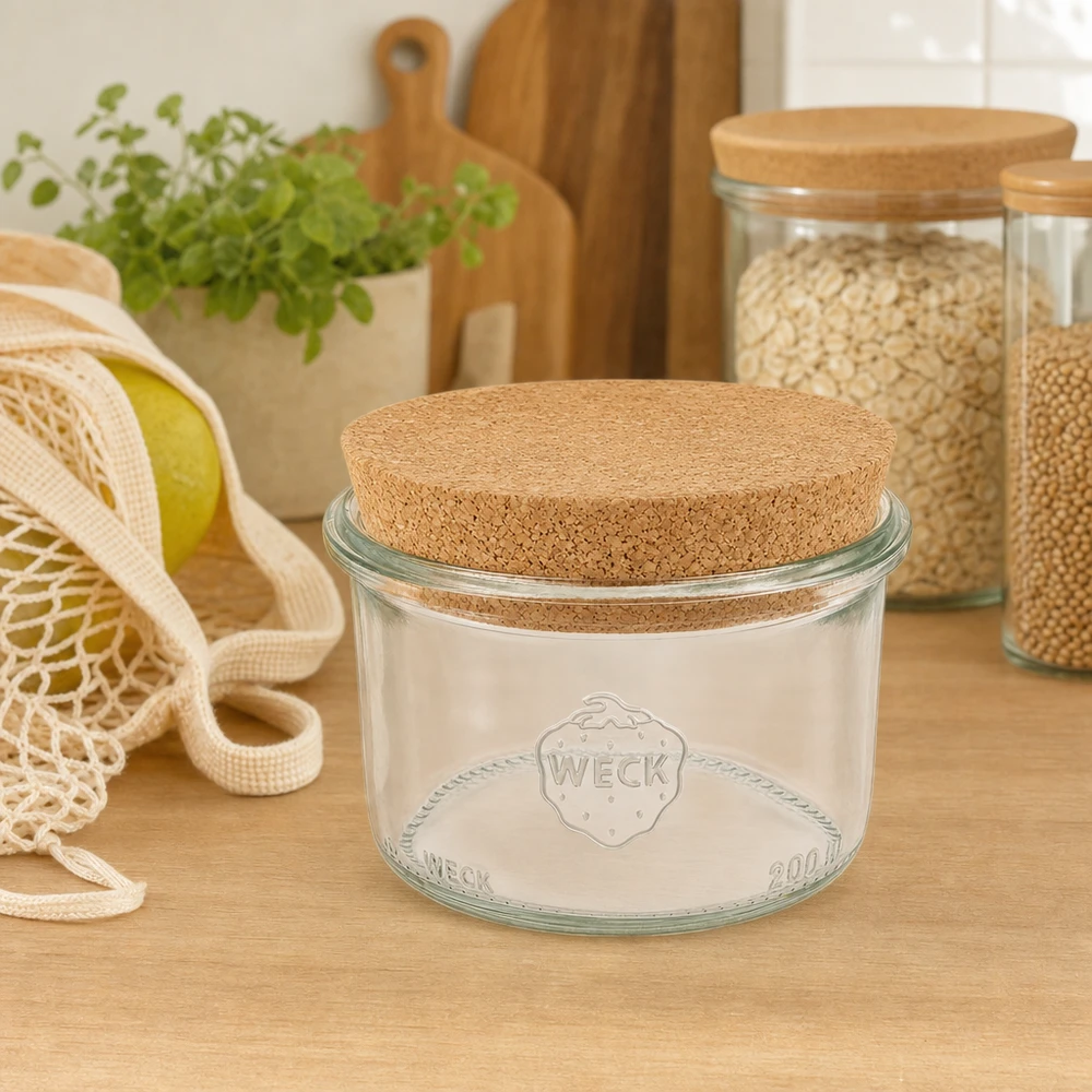 WECK Pot renversé 200ml RR80 avec couvercle en liège dans la cuisine durable Zero-Waste entre les bocaux à provisions et les sacs en jute