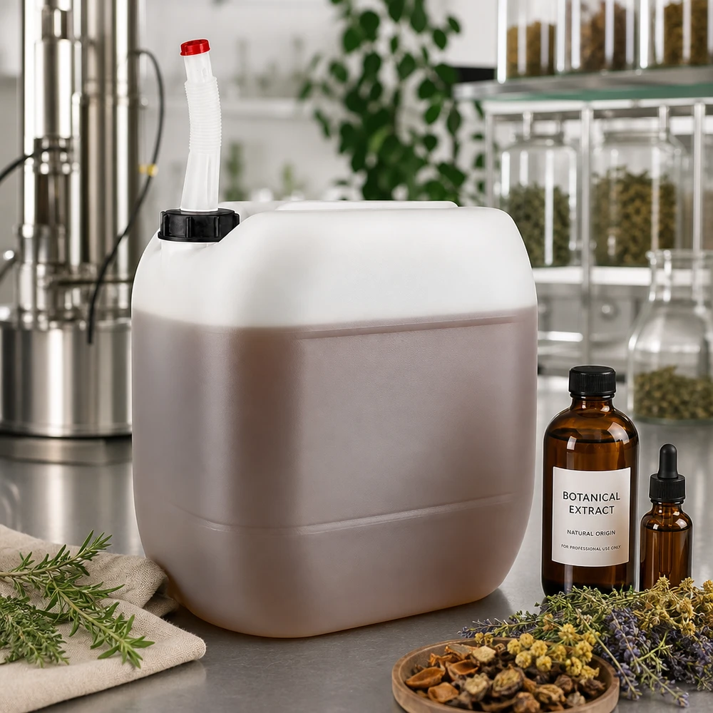 Bidon 30 litres avec tuyau d'écoulement Flex Extrait botanique en bidon de 30 litres avec bec verseur flexible, destiné à la fabrication de cosmétiques naturels
