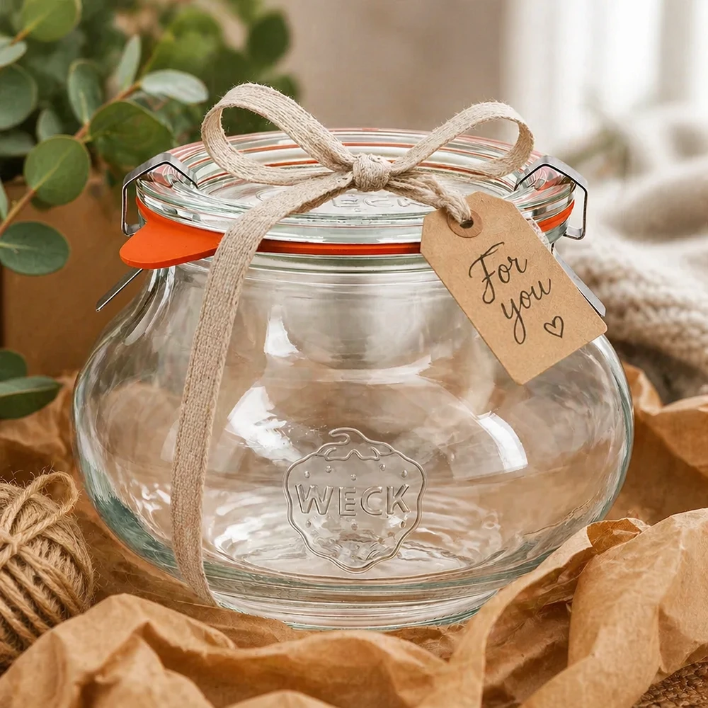 Bocal décoratif WECK RR80 de 560 ml, complet WECK Verre à bijoux 560ml emballé de manière décorative avec ruban et étiquette cadeau, présenté comme une idée de cadeau