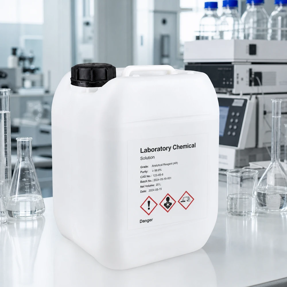 Jerrican de 5 litres avec bouchon à vis Bidon de laboratoire rectangulaire de 5 L, muni des symboles de danger SGH et d'une étiquette indiquant les réactifs d'analyse