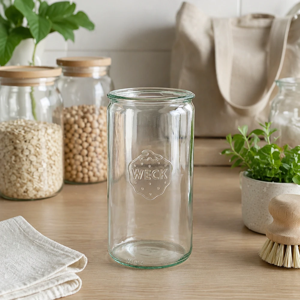 WECK Pot cylindrique 1590ml RR100 transparent dans la cuisine durable Zero-Waste avec des bocaux à provisions et des matériaux naturels