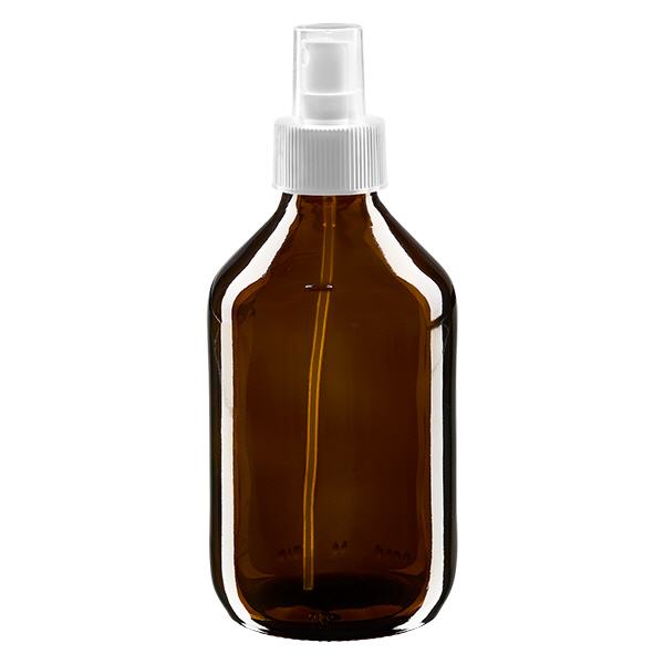 Flacon médical norme européenne de 250 ml avec spray blanc GCMI 28/410 et couvercle transparent, standard Flacon médical norme européenne de 250 ml avec spray blanc GCMI 28/410 et couvercle transparent, standard