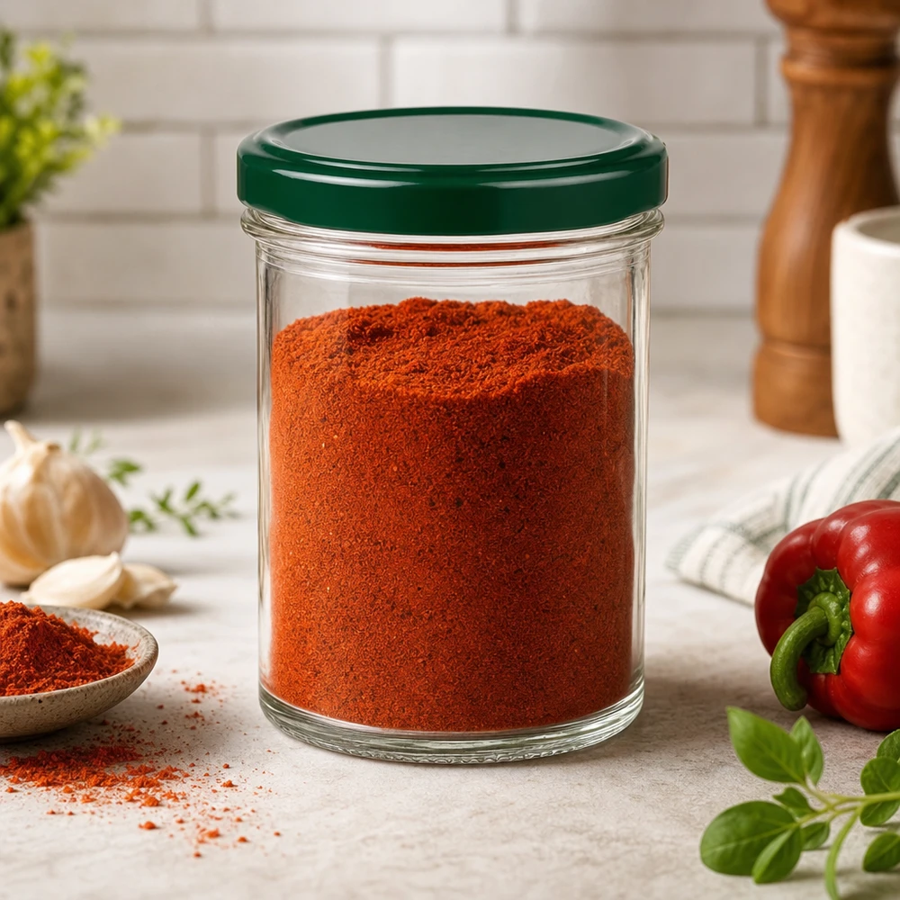 350ml Verre conique avec couvercle BasicSeal vert UNiTWIST Pot de 350 ml avec couvercle vert rempli de paprika en poudre dans un environnement de cuisine avec des ingrédients frais et des épices