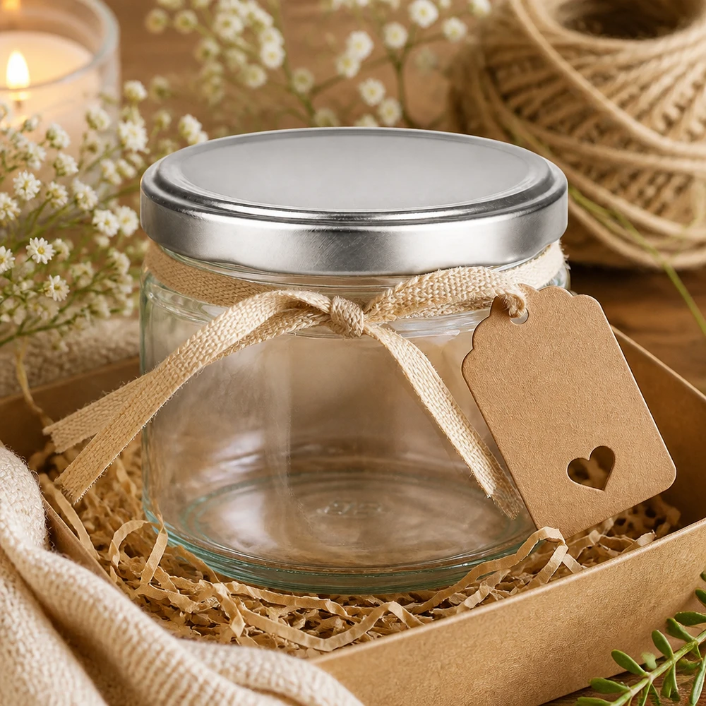Verre rond de 330 ml avec couvercle BasicSeal argenté, décoré d'un ruban et d'un pendentif dans une boîte cadeau