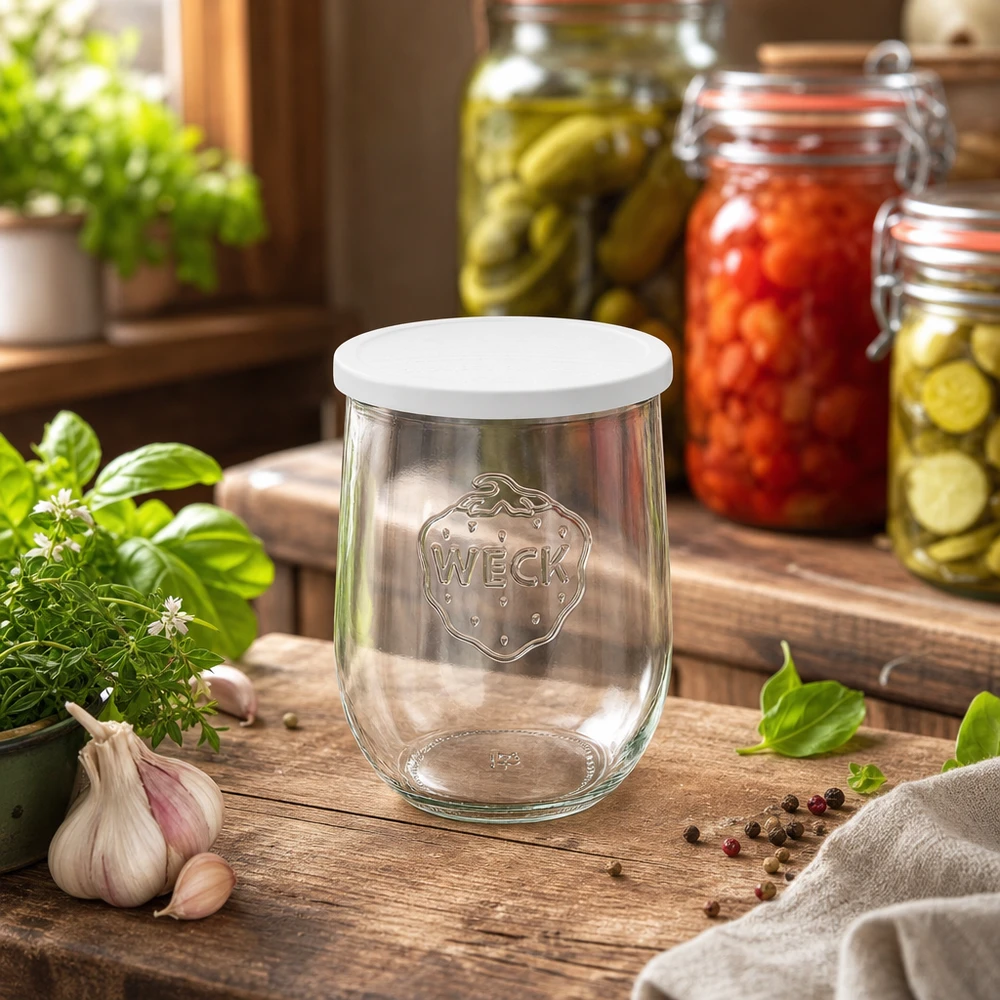 WECK Pot tulipe 1062ml dans la cuisine avec des légumes marinés et des herbes fraîches arrangés de manière décorative