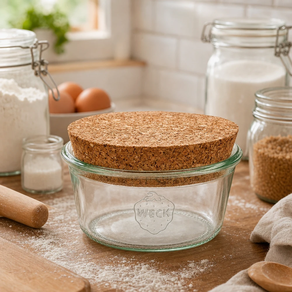 WECK Verre renversé 290ml RR100 avec couvercle en liège dans la cuisine entre les œufs de farine et les bocaux à provisions comme accessoire de pâtisserie