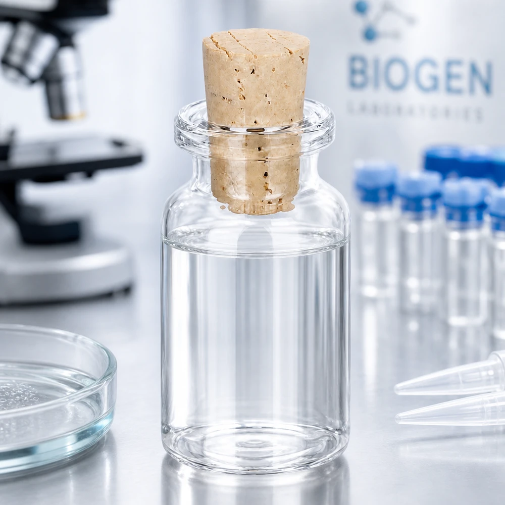Flacon en verre clair 10 ml avec bouchon de liège 11/14 mm Apothekerflasche Klarglas 10ml mit Naturkorken 11/14mm teilweise mit Flüssigkeit gefüllt