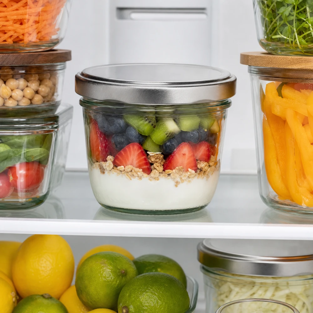 230ml Verre conique avec couvercle BasicSeal argent UNiTWIST 230ml pot renversé avec couvercle BasicSeal argenté dans le réfrigérateur avec Meal Prep stockage organisé pratique
