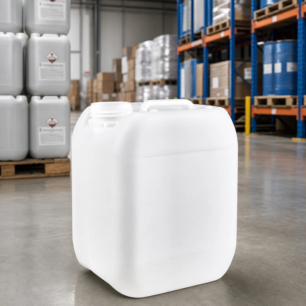 Jerrican de 5 litres sans bouchon Bidon blanc empilable de 5 litres, sans bouchon, posé sur un sol en béton dans un entrepôt