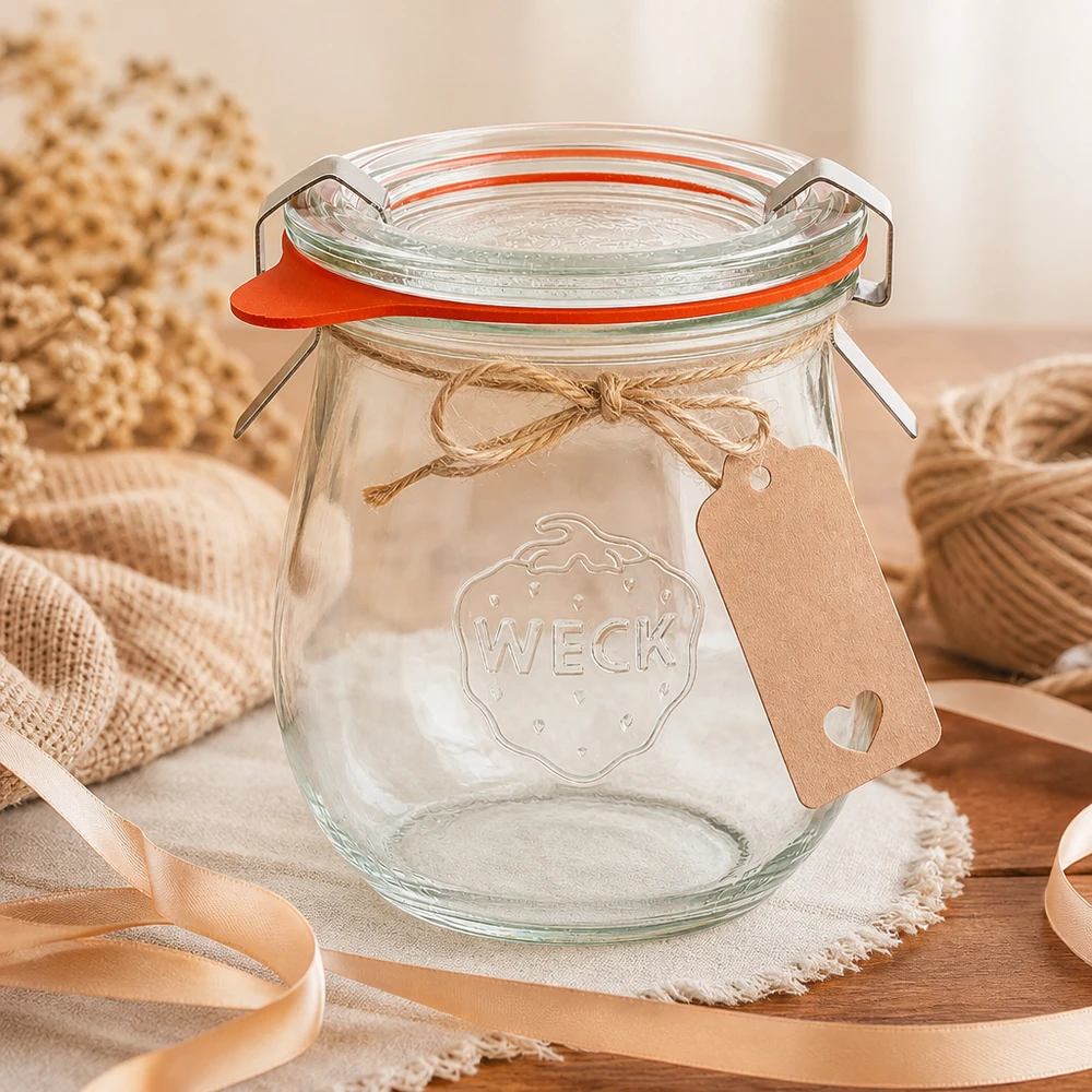 220ml bocal tulipe complet WECK RR60 WECK Pot tulipe 220ml RR60 avec étiquette cadeau et noeud en jute arrangé de manière décorative sur une serviette en lin