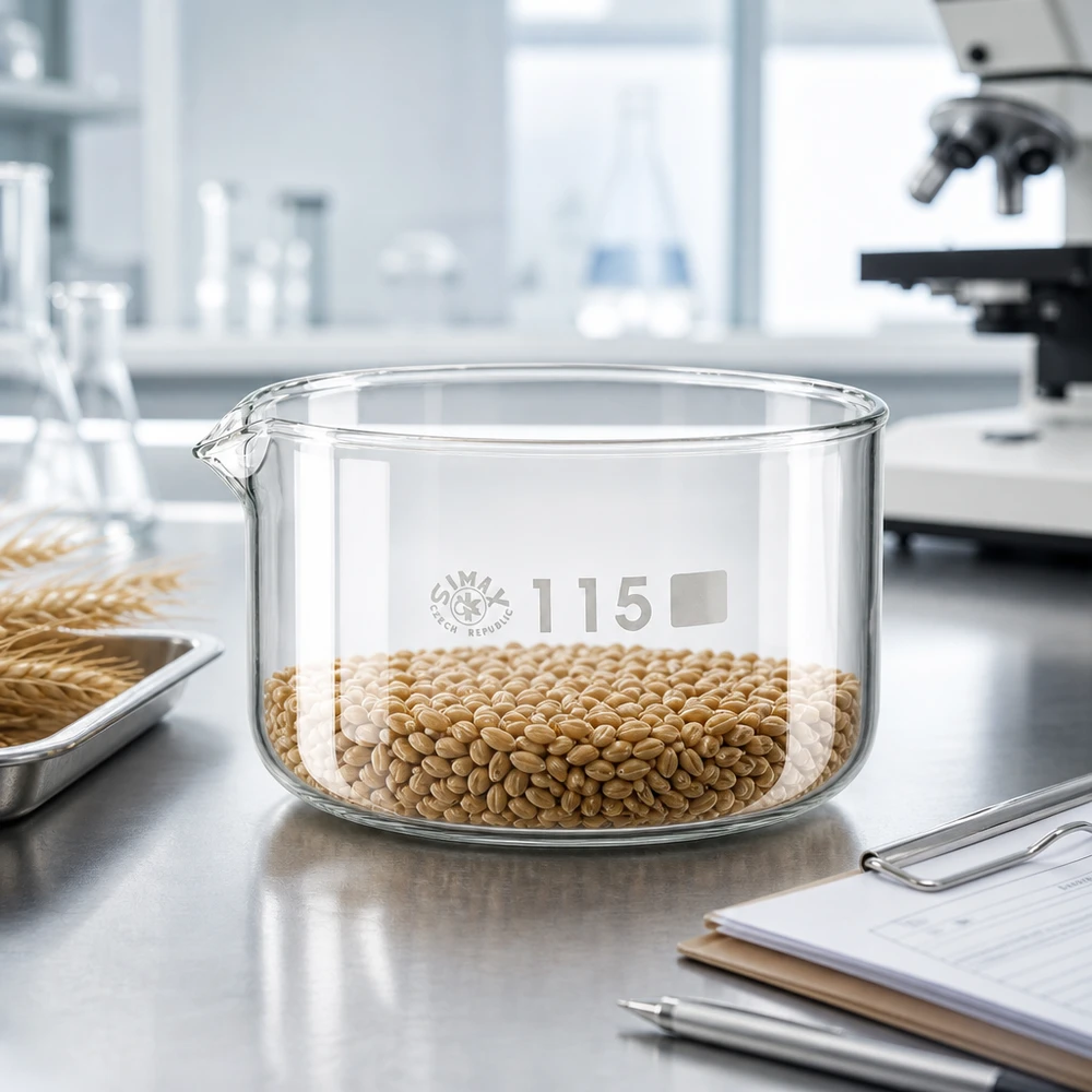 Coupelle de cristallisation SIMAX de 500 ml remplie de grains de blé – Analyse en laboratoire – Verre borosilicaté – ø 115 mm