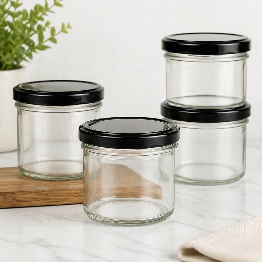 Quatre verres larmés de 125 ml avec couvercles noirs BasicSeal empilés sur une planche en bois et une table en marbre Décoration de cuisine