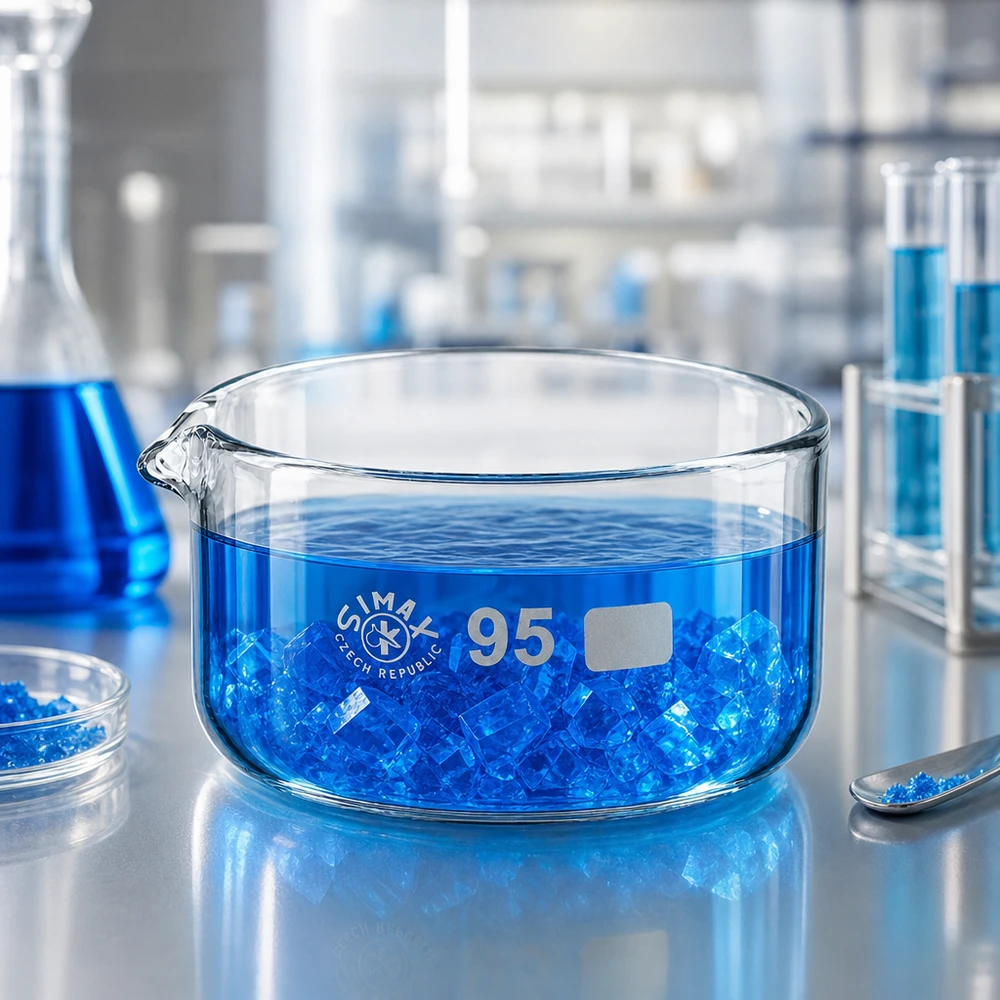 Bol de cristallisation de 300 ml contenant des cristaux bleus en solution, en verre borosilicaté SIMAX de haute qualité