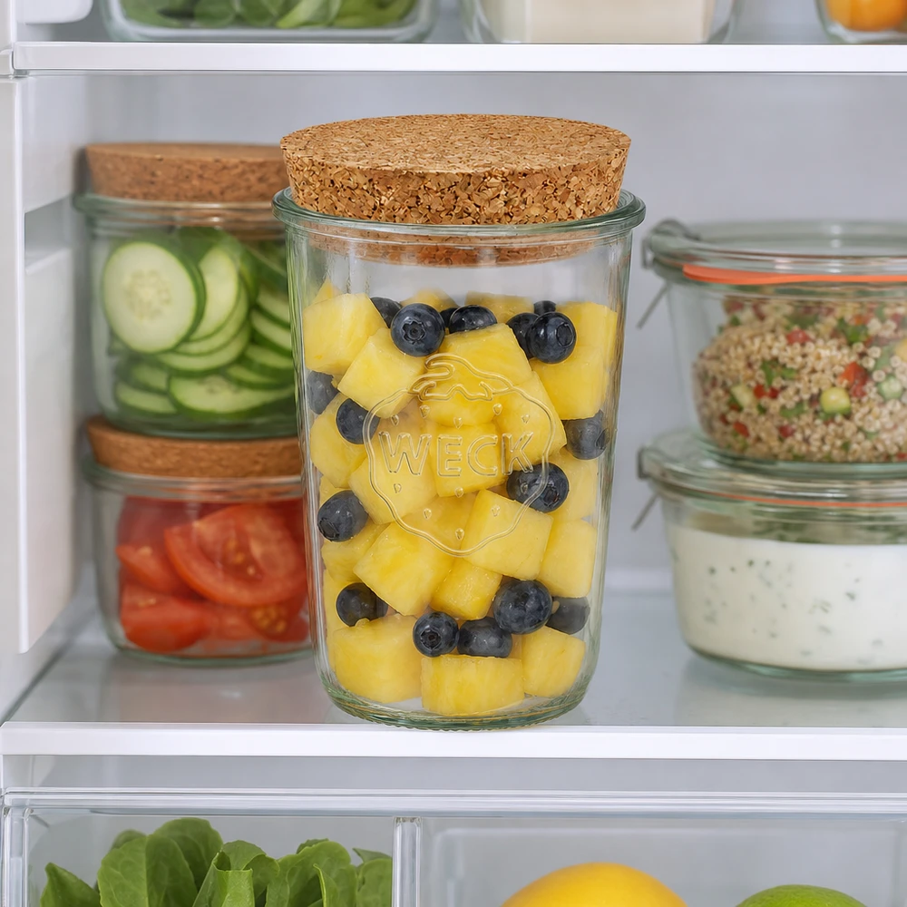 WECK Pot renversé 850ml RR100 avec bouchon dans le réfrigérateur rempli d'ananas et de myrtilles à côté d'autres bocaux à provisions