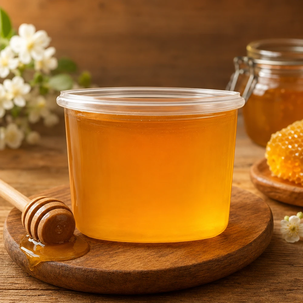 Bocal WECK RR40 de 35 ml WECK Pot renversé 35ml RR40 rempli de miel sur planche en bois avec cuillère à miel et nid d'abeille