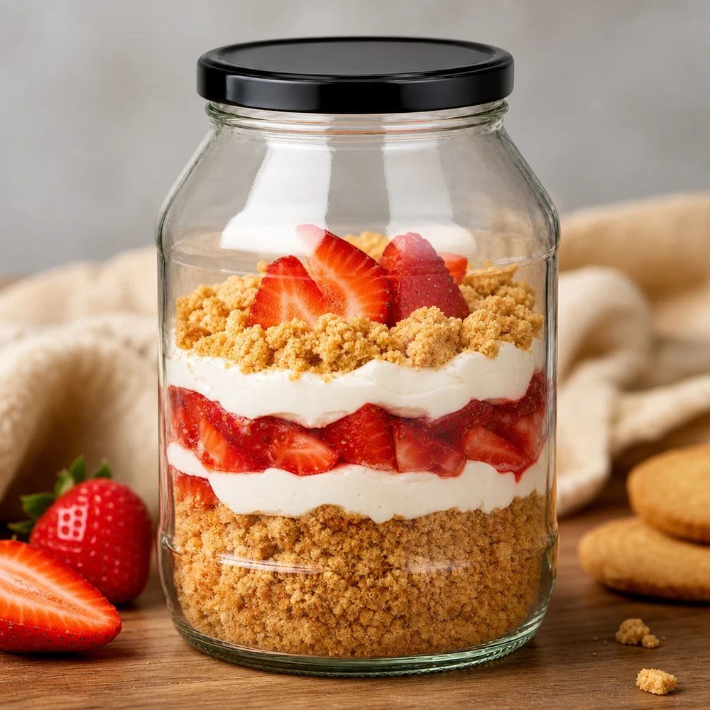 2650ml Verre rond avec couvercle BasicSeal noir UNiTWIST 2650ml Rundglas mit schwarzem Deckel als Dessertglas für Erdbeer-Sahne-Schichtdessert mit Kekskrümeln stylisch präsentie