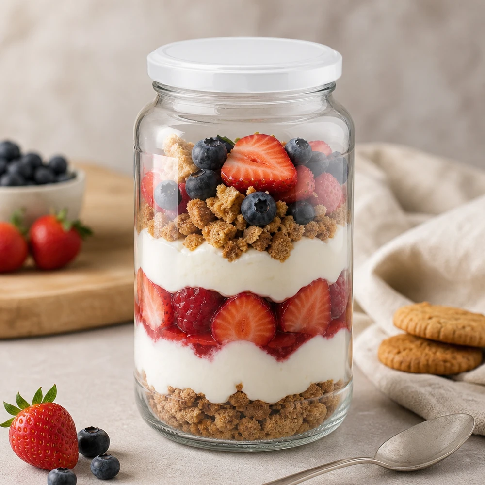 1700ml Verre rond avec couvercle BasicSeal blanc UNiTWIST Verre rond de 1700 ml avec couvercle BasicSeal comme verre à dessert pour trifle aux baies remplie de yaourt et de miettes de biscuits