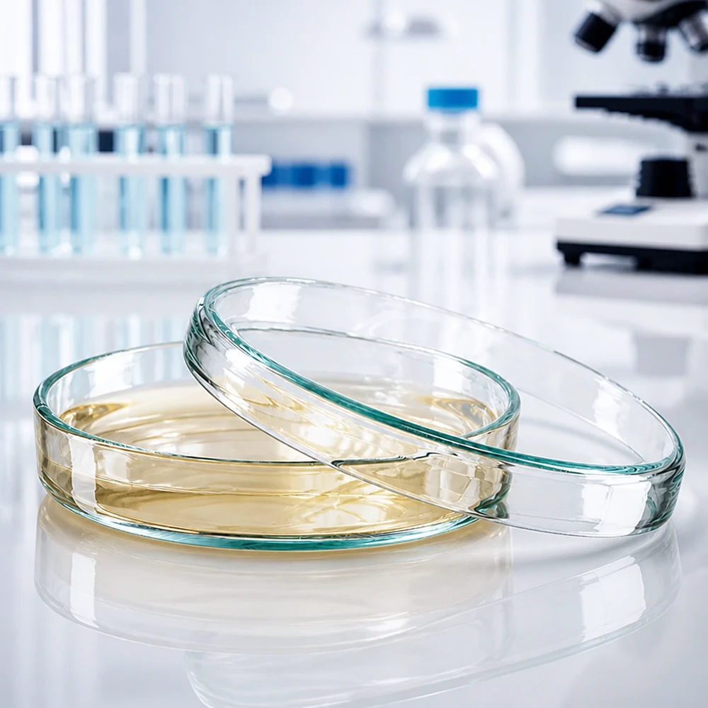 Boîte de Petri en verre sans compartiments, 80x15mm Boîte de Pétri en verre transparent de 80 x 15 mm, remplie d'agar jaunâtre et dont le couvercle a été retiré, dans un laboratoire