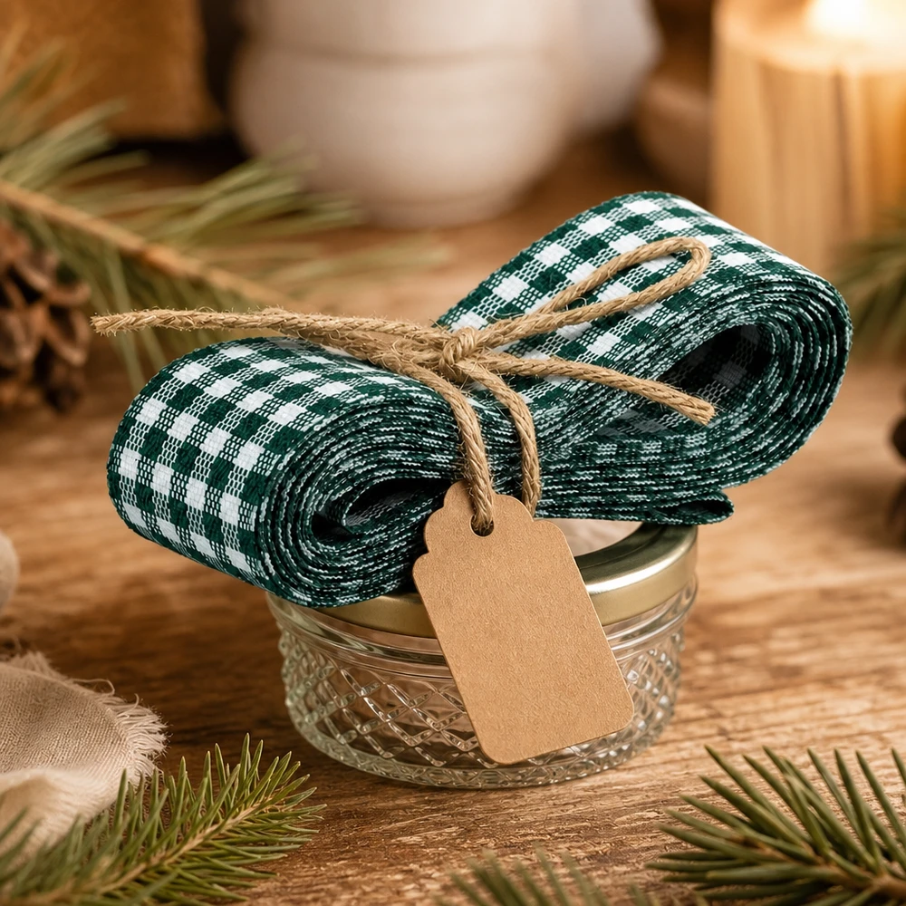 Ruban en tissu vert et blanc pour la décoration, 300 cm Grün-weißes kariertes Stoffband 300cm mit Kraftpapier-Anhänger um Glasschale gebunden als natürliche Geschenkdeko