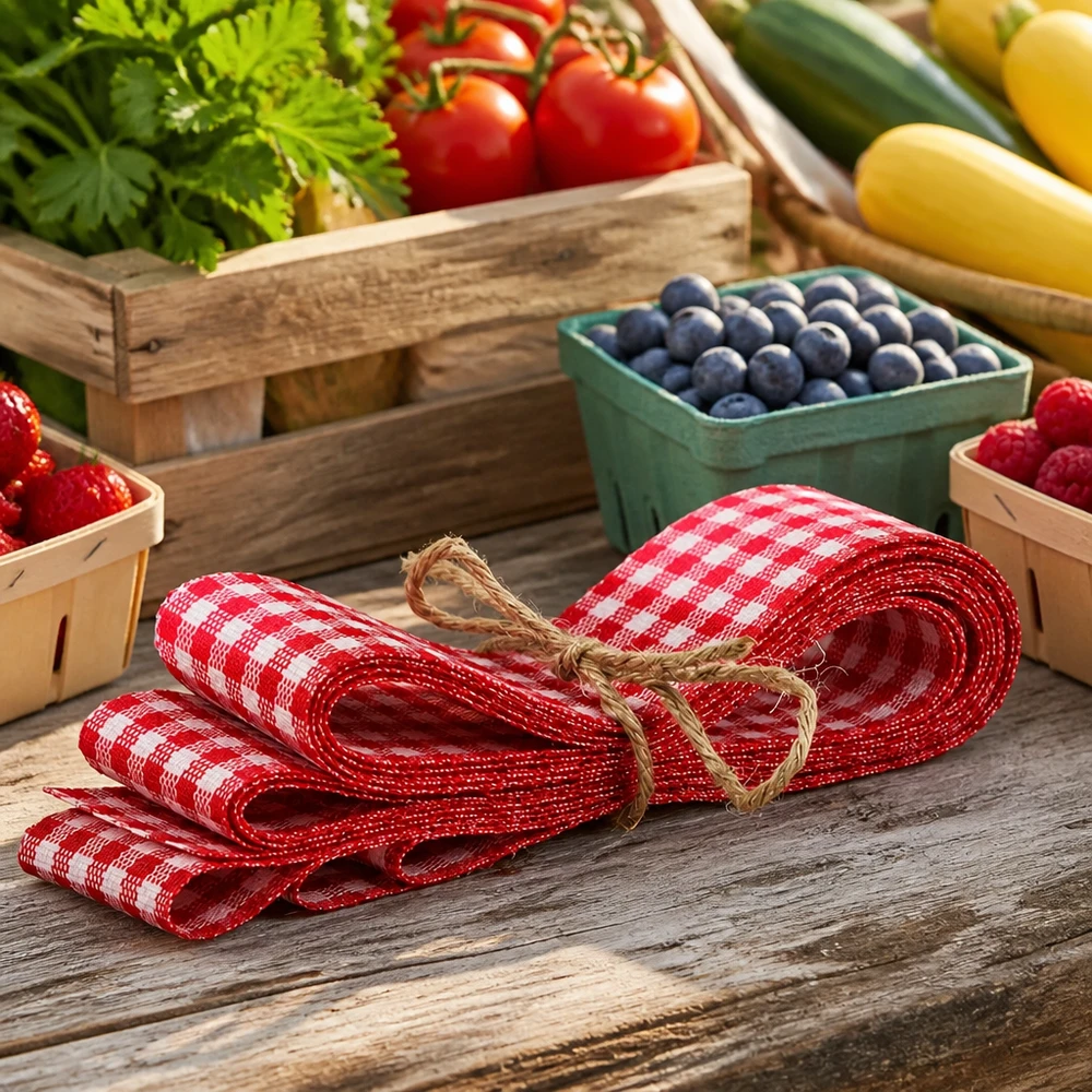 Bande de tissu à carreaux rouge et blanc 300cm bottelée sur table en bois avec baies fraîches tomates et légumes de style campagnard