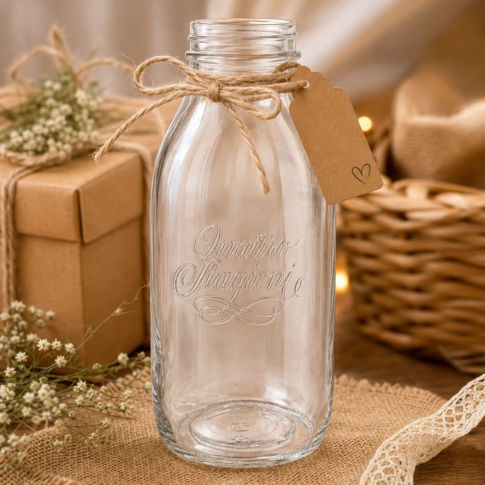 1000ml Bouteille en verre "Quattro Stagioni" QS56mm Quattro Stagioni Bouteille en verre à col large 1000ml avec bouchon en liège et décoration rustique sur table en bois