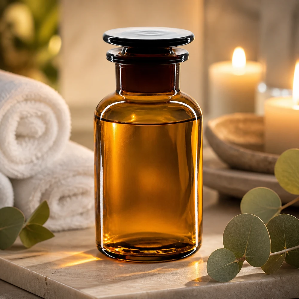 Bouteille à col large de 250 ml, de couleur ambre, avec un bouchon plat en verre, à côté de bougies et d'eucalyptus