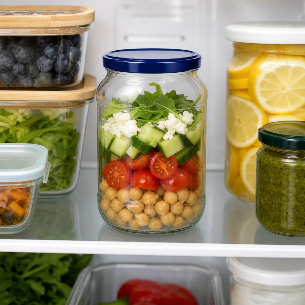 1062ml Bocal rond UNiTWIST couvercle bleu Salade à couches Pois chiches Tomates Concombres Feta Réfrigérateur Bocal Meal Prep