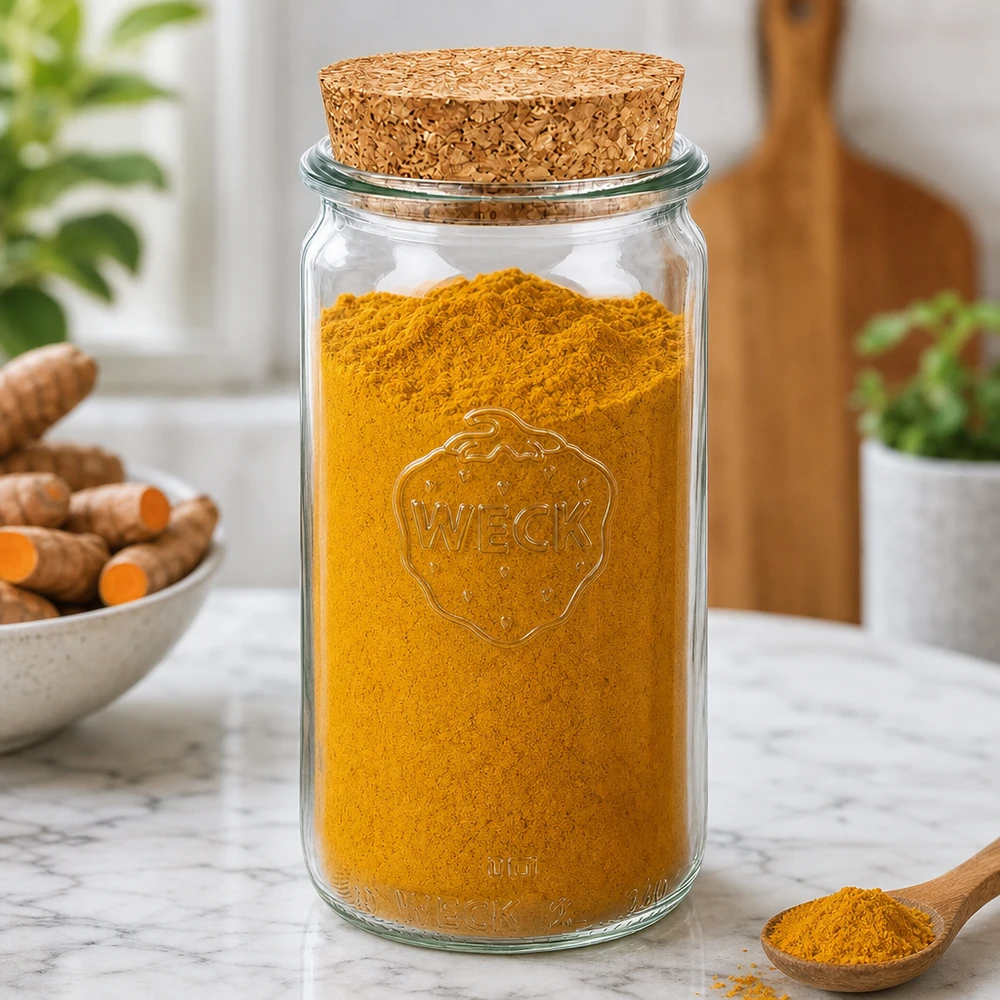 WECK Bocal de conservation 340ml RR60 rempli de curcuma montre bouchon hermétique en liège pour les épices et les poudres