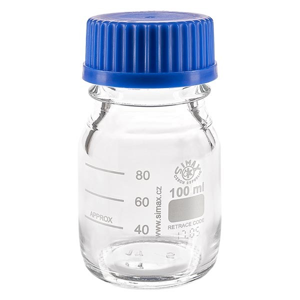 Bouteille à vis de laboratoire 100 ml + bouchon bleu + bague