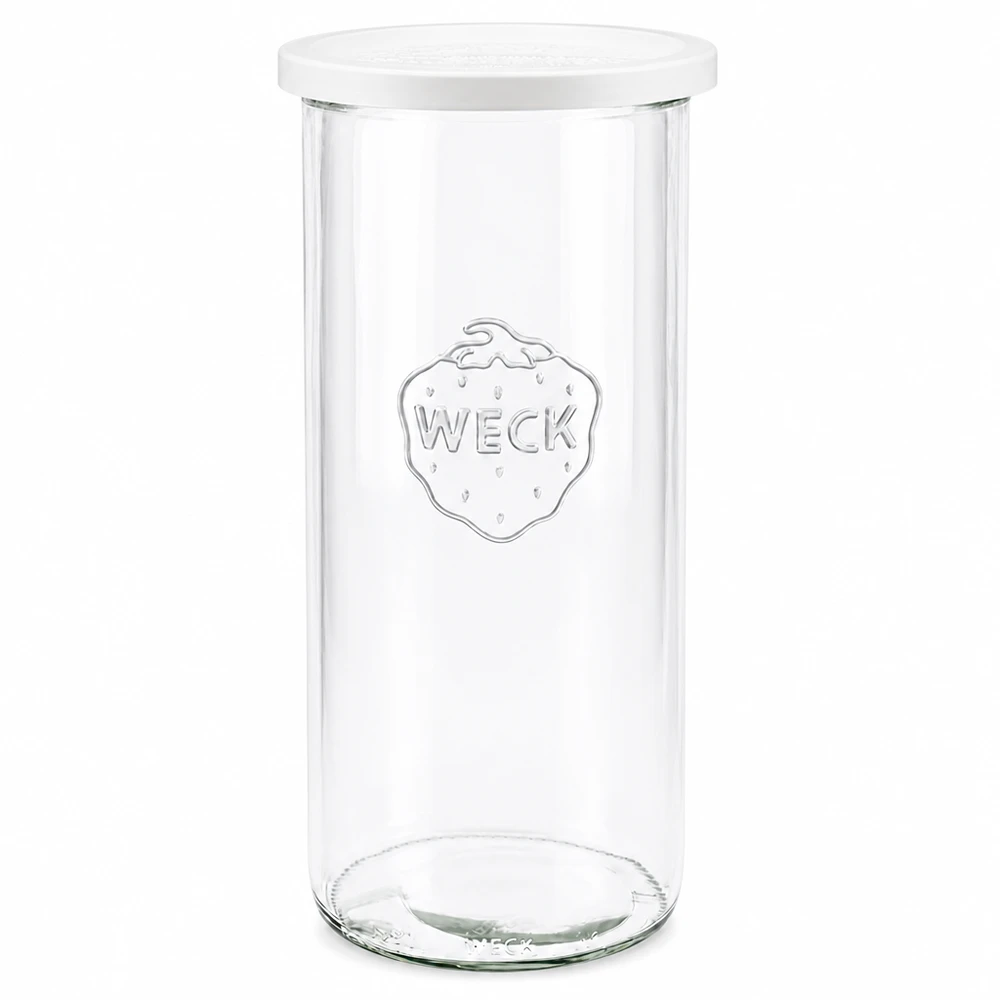 1500ml bocal conique avec couvercle fraîcheur WECK RR100 WECK Pot de conserve 1500ml RR100 transparent avec couvercle blanc photographié de face montre le logo de la marque gravé