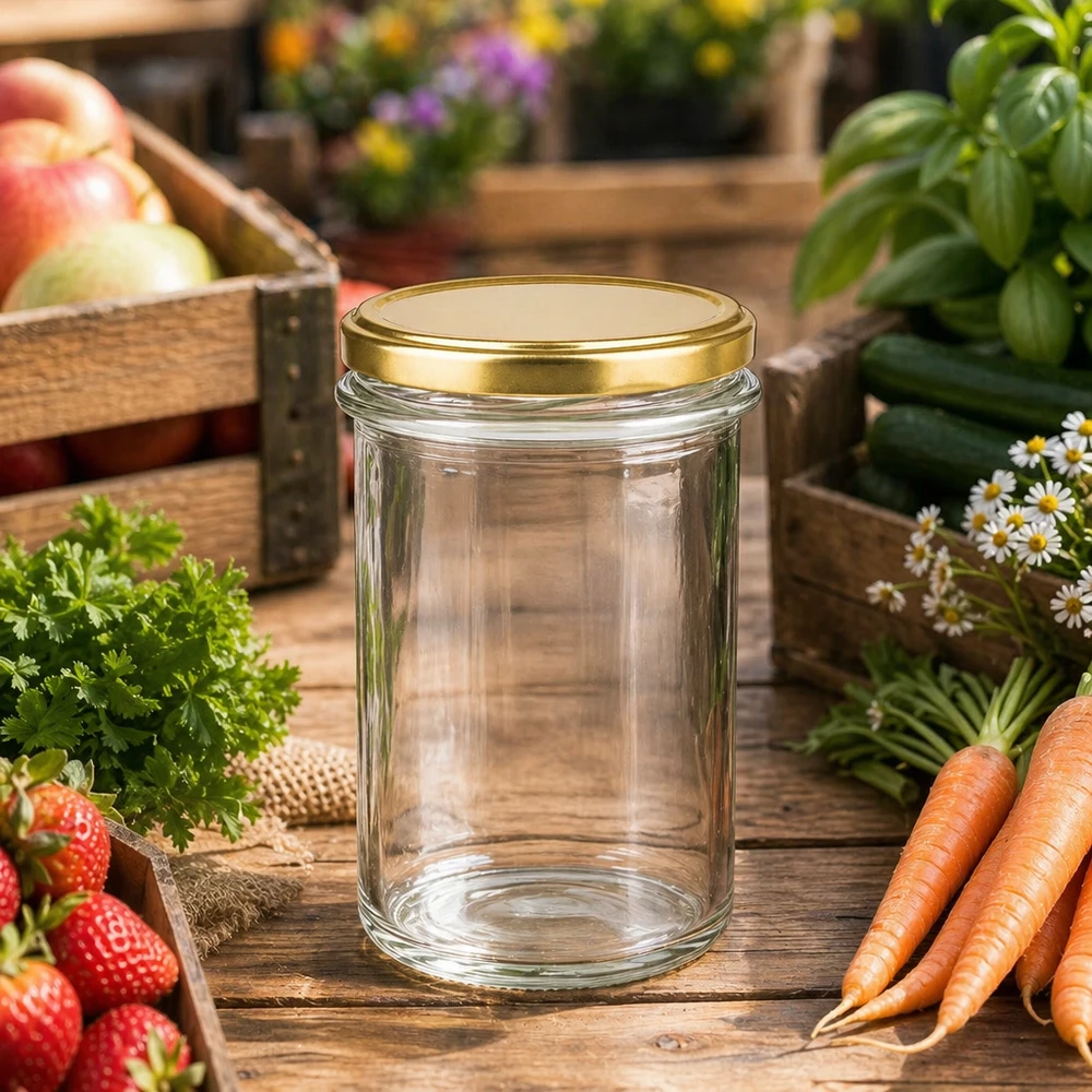 Verre renversé de 230 ml avec couvercle BasicSeal doré UNiTWIST au jardin entre les légumes frais, les herbes et les fruits