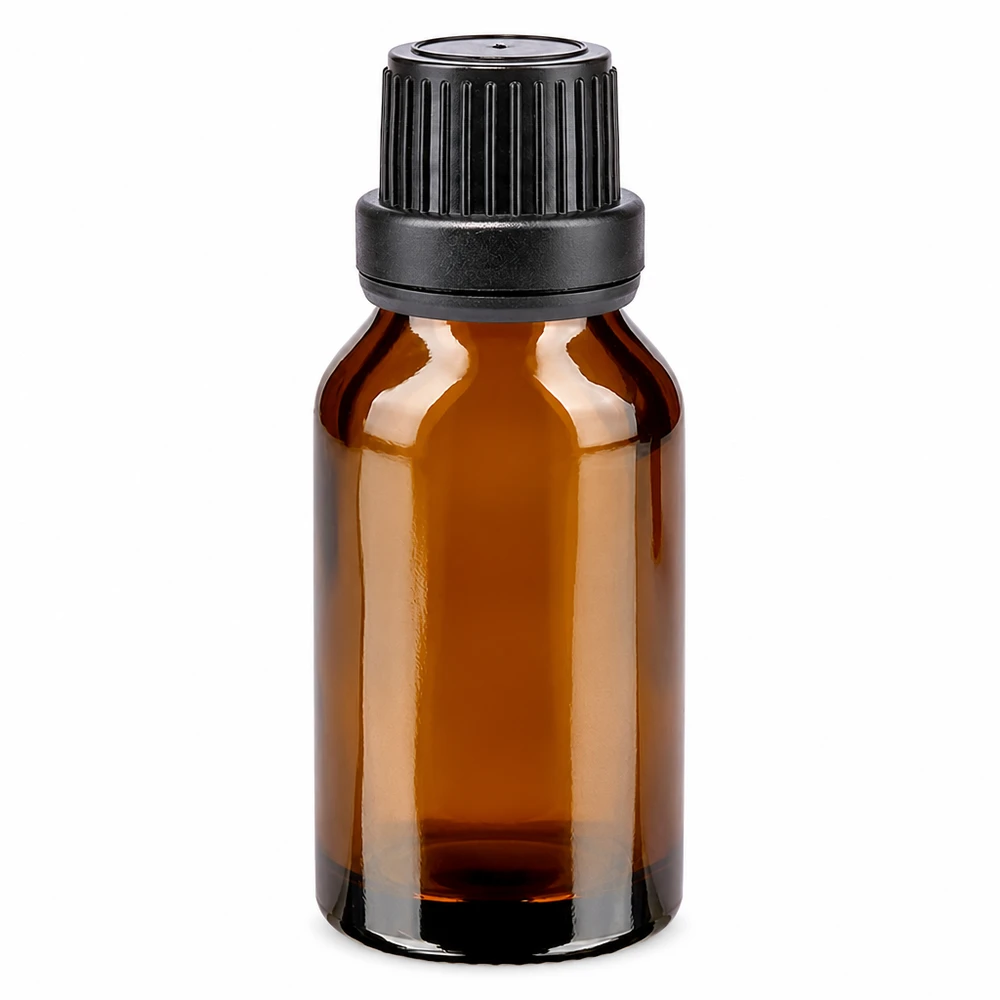 Flacon de pharmacie brun de 15 ml avec bouchon d'origine noir et joint en verre brun