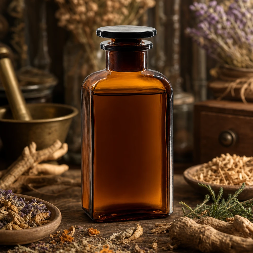 Flacon carré col large 250 ml + bouchon RIN, verre ambré Bouteille en verre brun de 250 ml, de forme carrée, munie d'un bouchon et entourée d'herbes médicinales et de racines