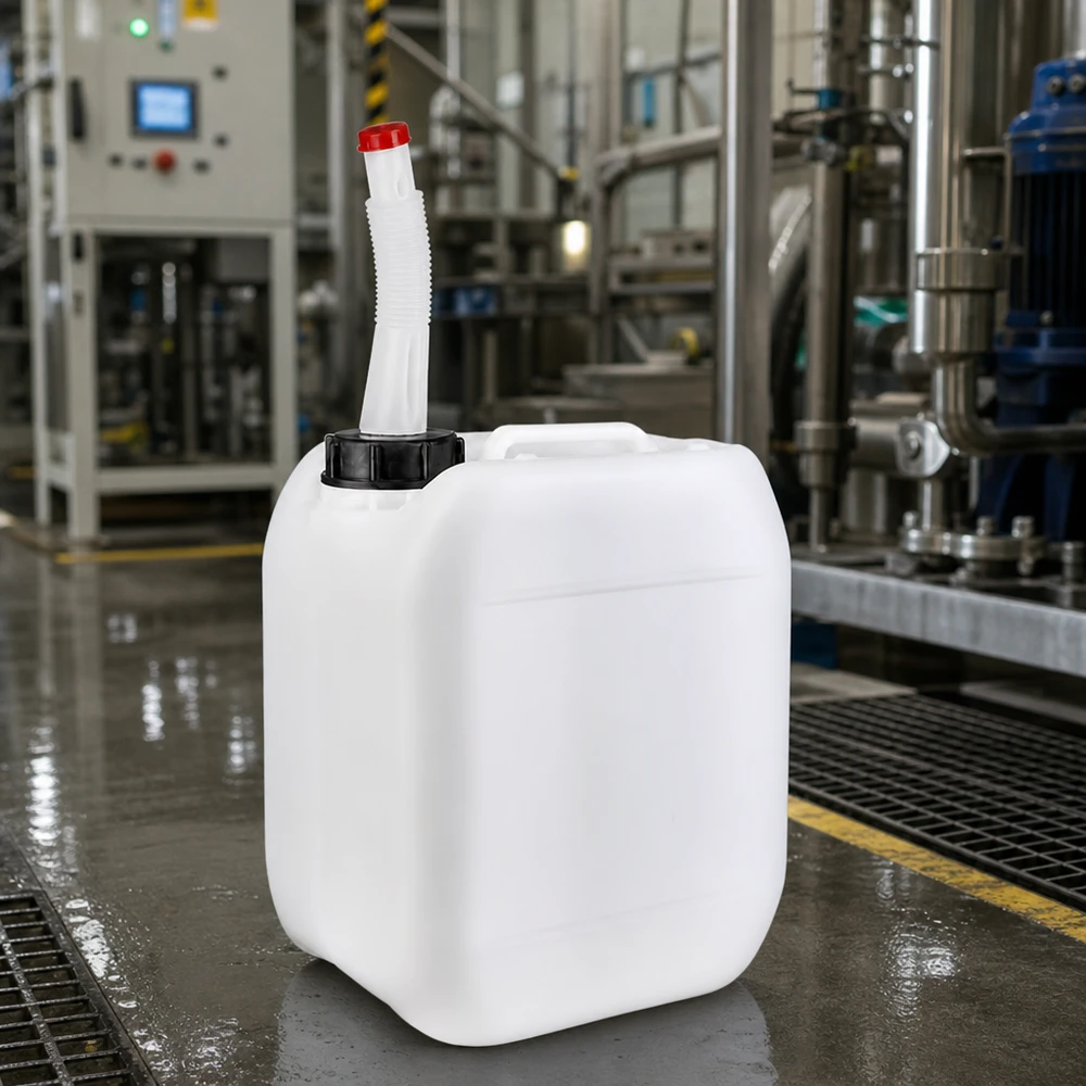 Bidon industriel de 5 litres muni d'un bec verseur flexible, posé sur le sol humide d'un hall de production