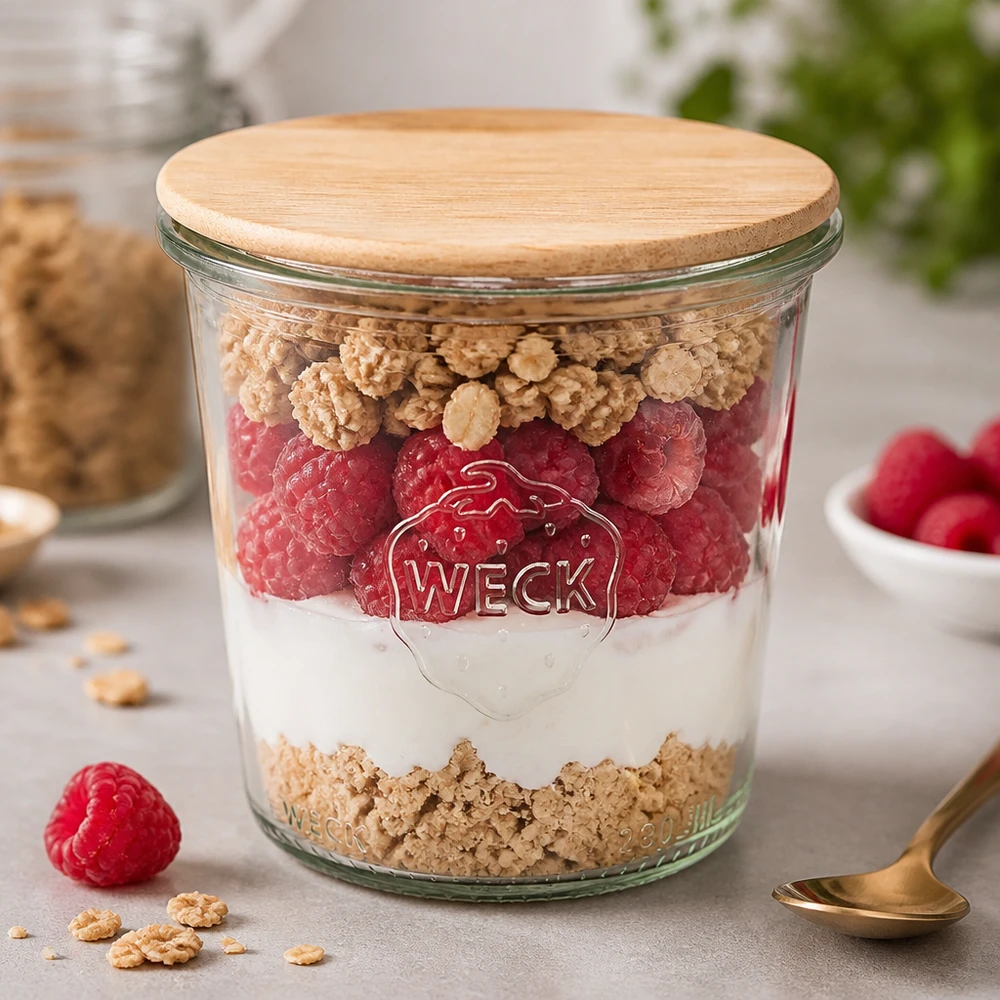 WECK Verre renversé 290ml RR80 avec couvercle en bois comme verre à dessert avec yaourt framboises et céréales dans la cuisine