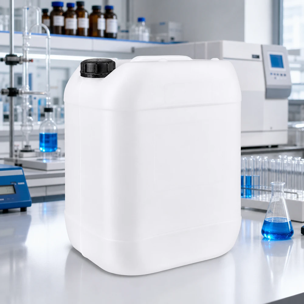 Bidon rectangulaire en PEHD de 20 L avec bouchon OV noir dans un laboratoire moderne