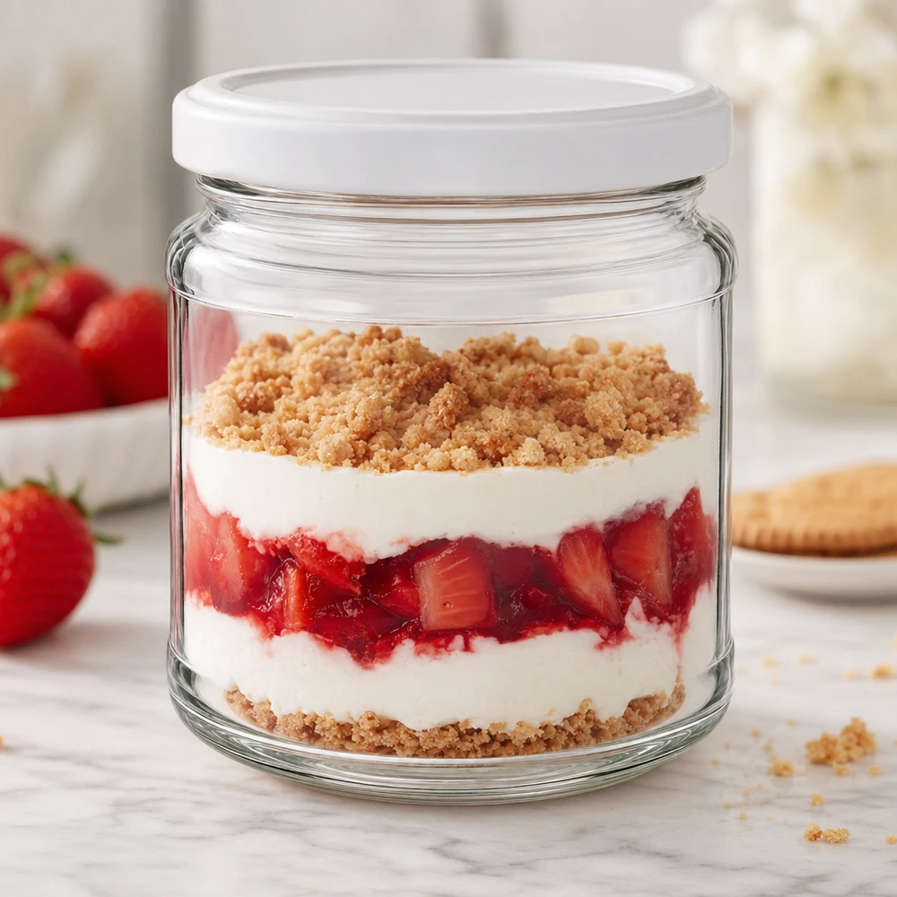 212ml Verre rond avec couvercle BasicSeal blanc UNiTWIST Verre rond de 212 ml avec couvercle BasicSeal comme verre à dessert pour trifle aux fraises avec crème et vermicelles - polyvalent