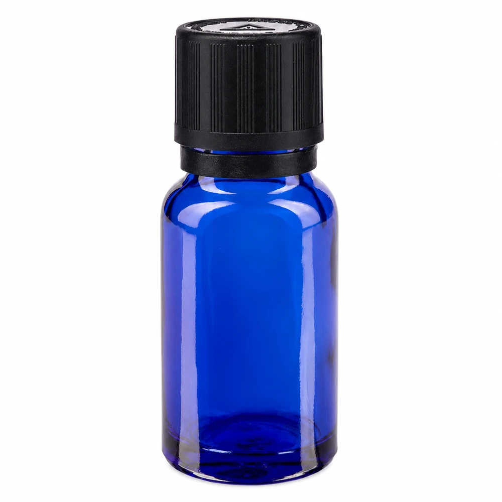 Flacon de pharmacie bleu 10ml bouchon inviolable blanc 1mm,séc. enf. bouchon inviolabilité Flacon de pharmacie en verre bleu de 10 ml, muni d'un bouchon noir à sécurité enfant et d'un compte-gouttes de 1 mm