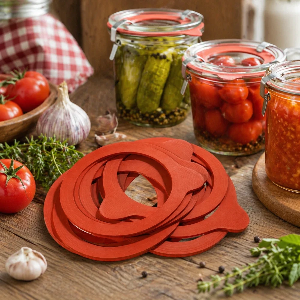 Bague d'étanchéité en caoutchouc naturel RR80 Anneau de cuisson RR80 en caoutchouc naturel pour bocaux dans une scène de cuisine avec des légumes et des conserves.