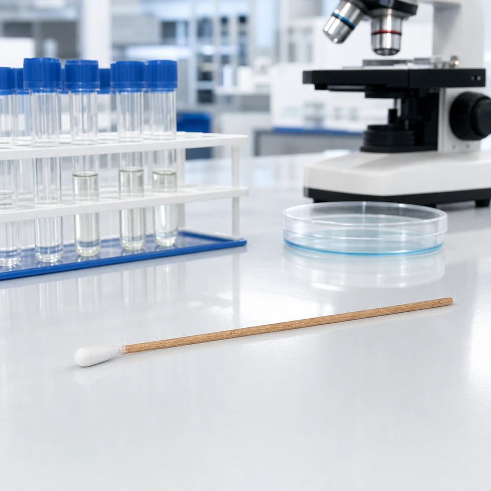 Cotons-tiges non stériles à long manche en bois dans un laboratoire, à côté de tubes à essai et d'un microscope