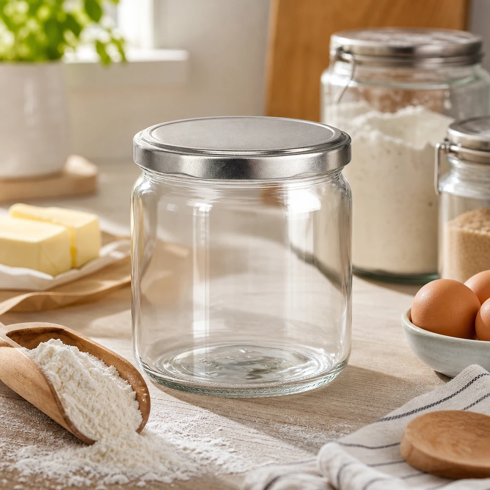 408ml bocal rond avec couvercle BasicSeal argenté vide dans cuisine entre ingrédients farine oeufs beurre verre de réserve scène de cuisine