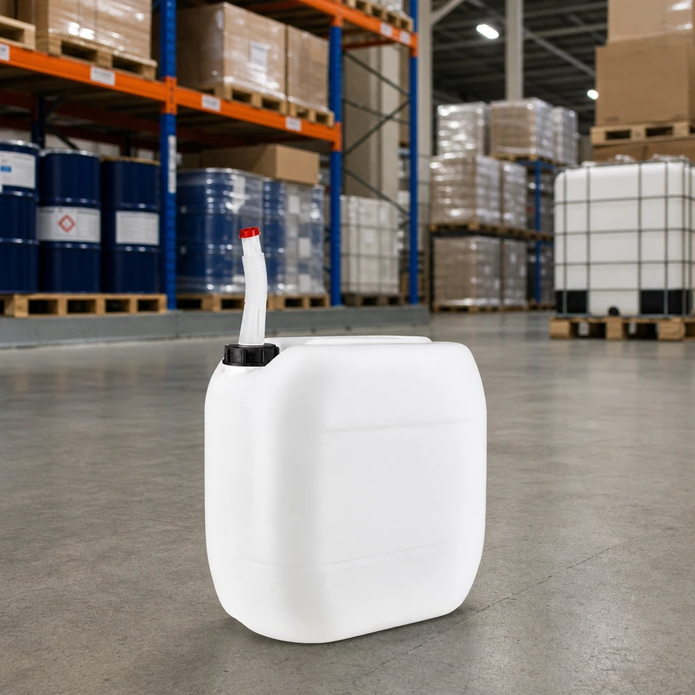Bidon 30 litres avec tuyau d'écoulement Flex Bidon portable en PEHD de 30 litres muni d'un bec verseur flexible, posé sur le sol en béton d'un grand entrepôt