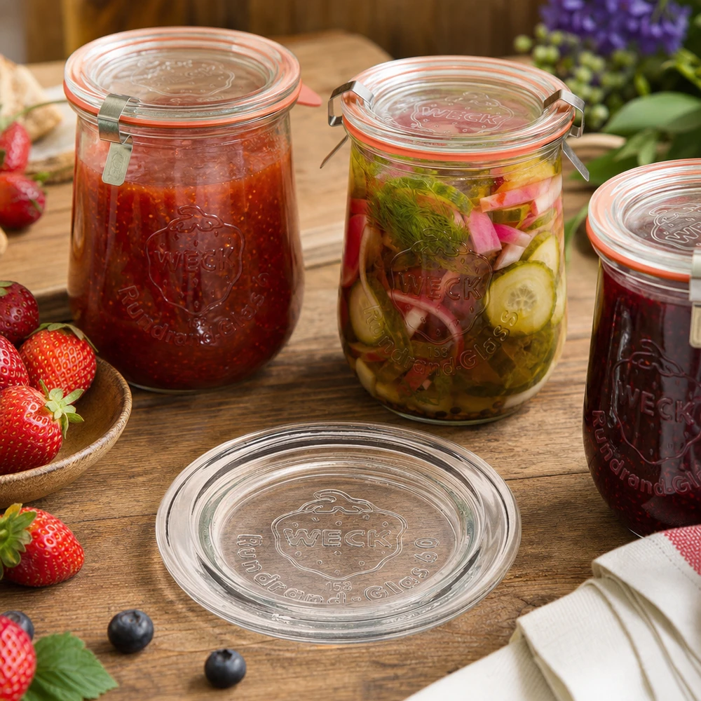WECK Couvercle en verre RR60 en application avec des bocaux remplis de confiture et de légumes marinés sur une table en bois