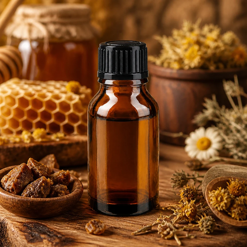 Flacon à pharmacie brun 15ml bouchon compte-gouttes noir 1mm std Flacon en verre brun de 15 ml muni d'un bouchon compte-gouttes noir, entouré de plantes médicinales, de rayons de miel et de miel